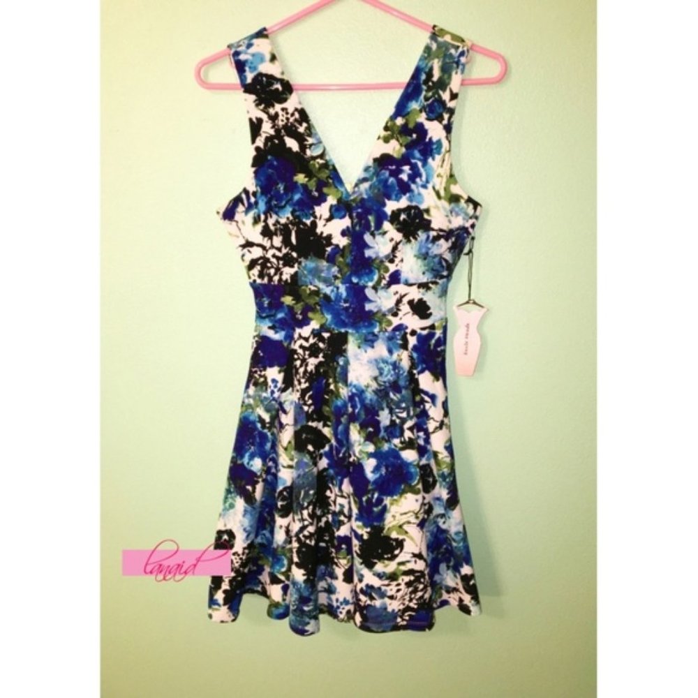 Floral V-Neck Fit And Flare Skater A-Line Scuba Textured Sleeveless Mini Dress S